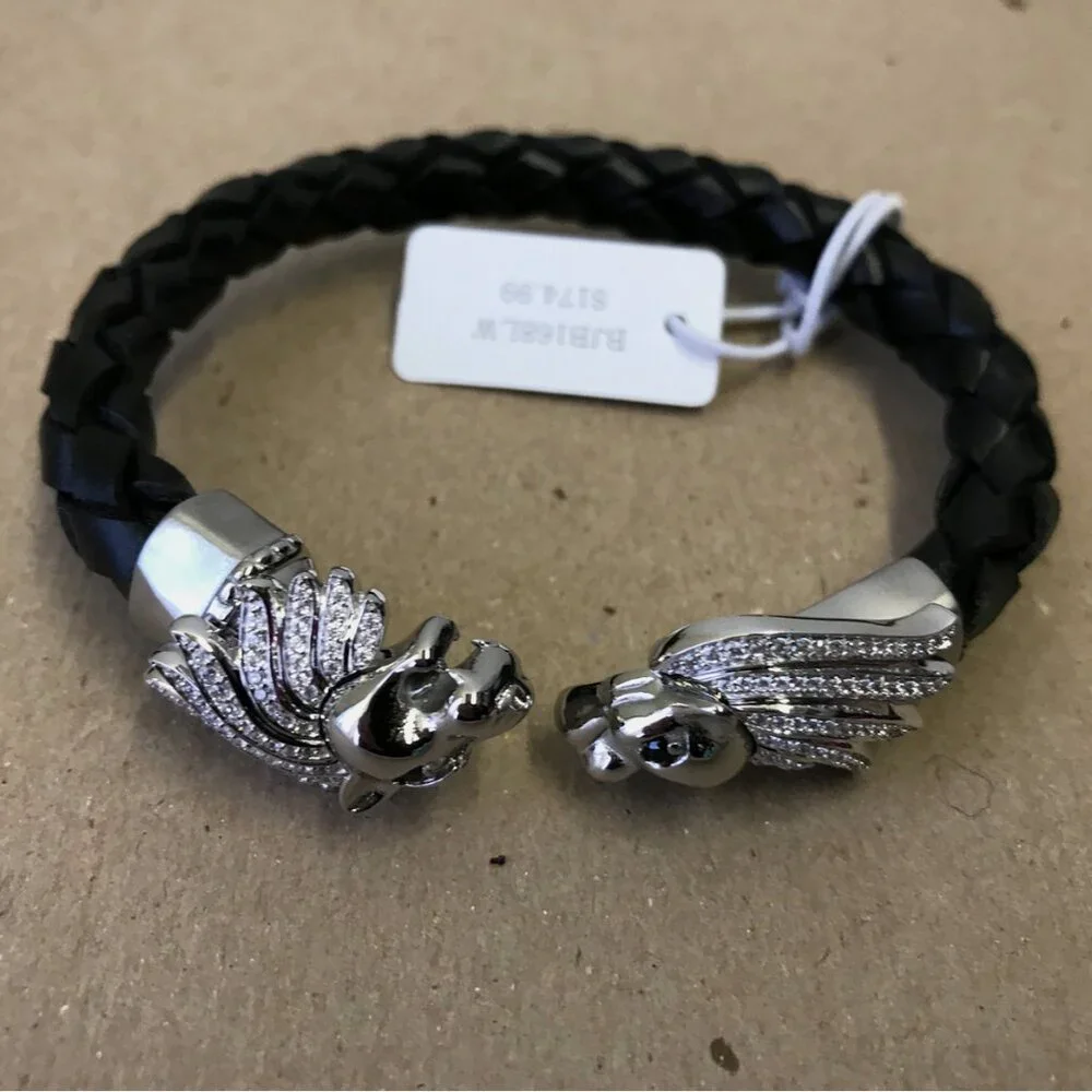 Blackjack Cubic Zirconia Lion Head Leather Cuff Bracelet